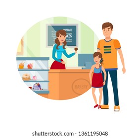 Dad and Daughter in Bakery Isolated Design Element. Cartoon Father, Daddy and Little Girl Visiting Cafe. Salesgirl Offering Cake to Customers. Buying Sweets at Boulangerie, Confectionery