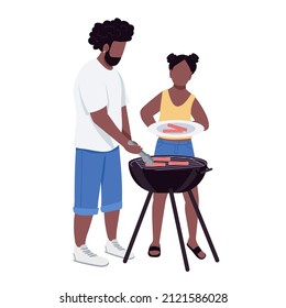 Dad and daughter at barbeque semi flat color vector character. Sitting figure. Full body person on white. Family leisure simple cartoon style illustration for web graphic design and animation