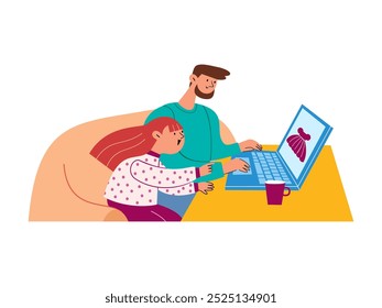 Dad and daughter buy a dress on the Internet. Vector illustration online shopping.