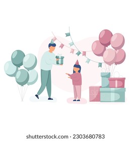 Papá e hija celebrando el cumpleaños. Personajes parados cerca de cajas de regalo de cumpleaños y globos, confeti. Feliz cumpleaños.