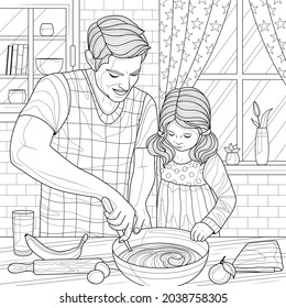 
Papá y su hija cocinan en la cocina. Antítesis del libro de colorear para niños y adultos. Ilustración aislada sobre fondo blanco. Estilo zenano-margino. Dibujo manual