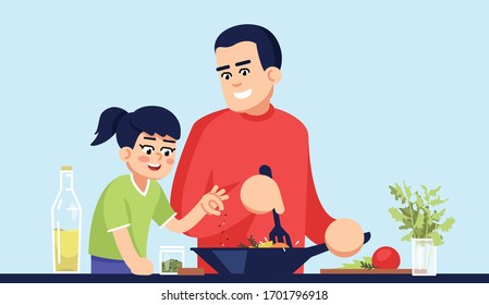 Dad and daughter cooking meal semi flat RGB color vector illustration. Parent and child adding spices to food, family members salting and peppering dish isolated cartoon characters on blue background