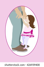 Dad daughter dance. Toddler daughter dancing on father feet. Vector illustration. For fathers day card, poster, dance invitation.