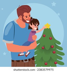 dad and daughter decorating christmas tree, vector illustration