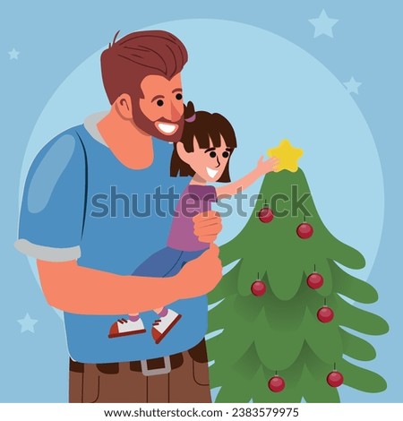 dad and daughter decorating christmas tree, vector illustration