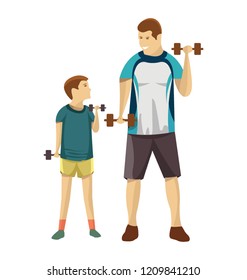 
A dad and daughter are doing exercise with dumbbells 
