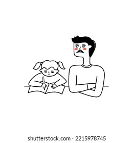 Dad and daughter doing homework. Home education concept.