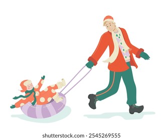 Dad and daughter are enjoying the winter in the snowy mountains.Vector illustration in flat minimalist style