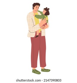 Dad and daughter. The father hugs the child. Parent plays with kid. Happy family. The upbringing and care of children. Flat style in vector illustration. Isolated persons. 