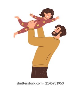 Papá e hija. El padre arroja a su hijo. El padre juega con el niño. Feliz familia. La crianza y el cuidado de los niños. Estilo plano en ilustración vectorial. Personas aisladas. 