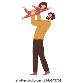 Papá e hija. El padre arroja a su hijo. El padre juega con el niño. Feliz familia. La crianza y el cuidado de los niños. Estilo plano en ilustración vectorial. Personas aisladas. 