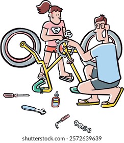 Dad and daughter fixing a bike