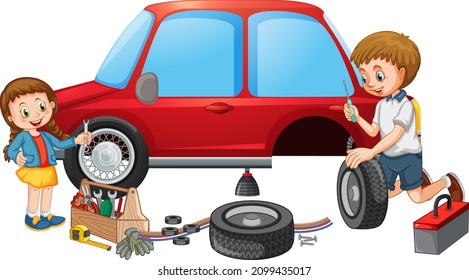 Dad and daughter fixing a car together on white background illustration