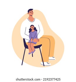 Dad with daughter. Girl sitting on Father's lap. Flat vector ilustration, isolated on a white background.