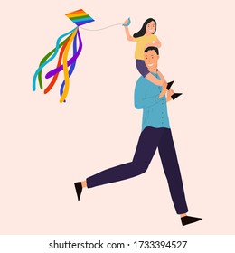 Dad and daughter have fun, fly a kite. Vector hand drawn illustration. June 21 is Father's Day.