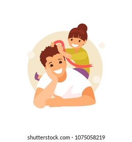 Dad and daughter have fun time. The daughter makes daddy a hairdress. Happy family moments. Father Day. Vector illustration