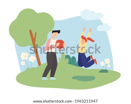 Dad and daughter are having fun playing ball in the park. flat design style minimal vector illustration.