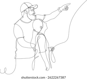 Dad with daughter holding balloon string, looking up. Continuous line vector illustration, white background.