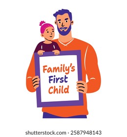 Dad daughter holding family first child banner, flat sticker