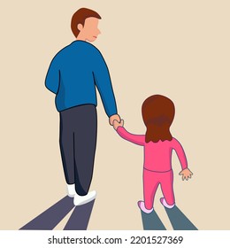 Dad and daughter Holding Hands Walking Together.  Vector illustration in a flat style. family concept