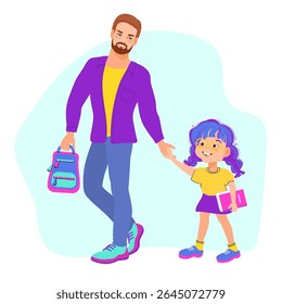Pai e filha estão de mãos dadas e caminhando para a escola. Cena familiar, cuidados, paternidade. Um pai amoroso e seu filho passeando, conversando e sorrindo. Ilustração plana vetorial.