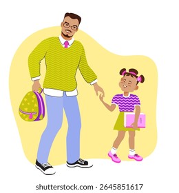 Pai e filha estão de mãos dadas e caminhando para a escola. Cena familiar, cuidados, paternidade. Um pai amoroso e seu filho passeando, conversando e sorrindo. Ilustração plana vetorial.