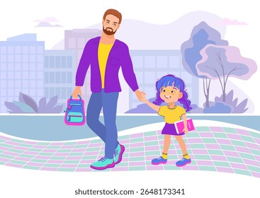 Dad and daughter are holding hands and walking to school through the park. Family scene, care, parenting. A loving father and his child are talking and smiling. Vector flat illustration.