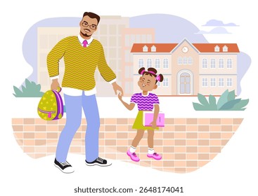 Dad and daughter are holding hands and walking to school. Happy family concept. A loving father and his child talking, and smiling. Family scene, care, parenting. Vector flat illustration.