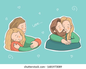 Dad and daughter hugging.Cute young mother embracing her daughter with love. Sticker cute vector illustration.