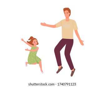 Dad and daughter jumping and dancing. The father and the little girl in the dress are smiling, having a good time together. Parent with child in cartoon style isolated on white background,flat vector.