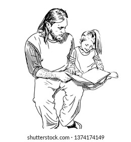 dad and daughter learns to read a book illustration vector