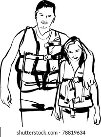 Dad and daughter in life jackets