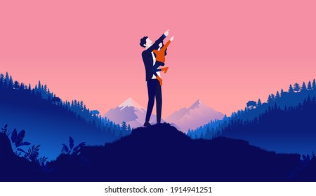 Dad and daughter looking at sky together - Fatherhood and spending time with kids concept. Vector illustration.