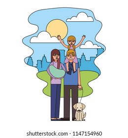 dad daughter and mom holding baby and dog in the park