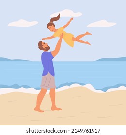 Papá y su hija en la playa. Ilustración vectorial plana