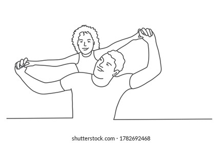 Dad with daughter on his shoulders. Line drawing vector illustration.