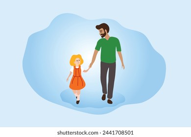 Papá e hija en vestido naranja caminando juntos tomados de la mano Ilustración estilo plano Hombre niña Concepto de estilo de vida familiar Niño feliz Día de papá Libro de cubierta Banner Redes sociales Estilo de dibujos animados