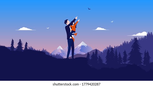 Dad And Daughter Outdoors In Open Landscape Pointing At The Sky. Family Time, Father With Kid, Fatherhood Bonding And Good Parenting Concept. Vector Illustration.