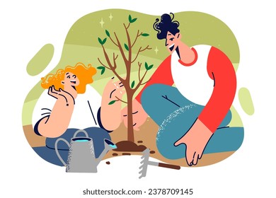 Dad and daughter plant tree in park together to take care of nature or help fight CO2 emissions. Brother with sister plant tree in garden and rejoice at opportunity to do something useful for society