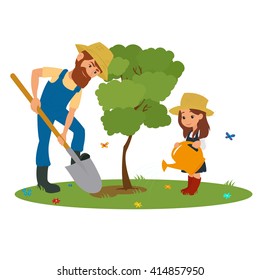 Dad and daughter planting tree outdoors. vector. Man and girl planting trees. Child planting trees. Man and girl planting trees. Child planting trees.