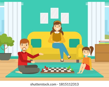 Dad and Daughter Playing Chess, Mother, Father, Daughter and Son Spending Time Together at Home Cartoon Vector Illustration