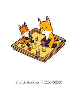 Dad and daughter are playing in the sandbox. Two foxes. Hand drawn cartoon.