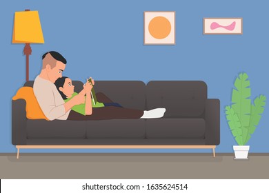 Dad and daughter are reading a book. a man and a child read fairy tales together sitting on a sofa in a children's room. vector image