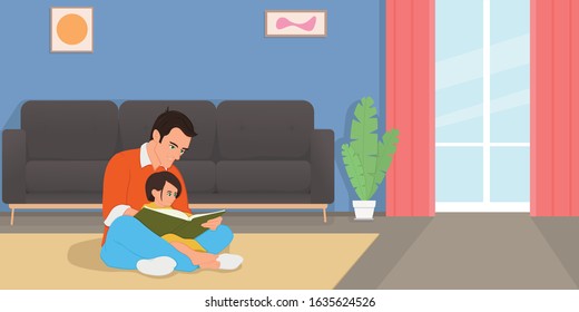 Dad and daughter are reading a book. a man and a child read fairy tales together in a children's room. vector image