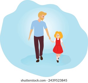 Papá e hija en vestido rojo caminando juntos tomados de la mano Ilustración estilo plano Hombre niña Concepto de estilo de vida de la familia Niño feliz día del padre Banner del libro de la cubierta de las redes sociales Texto Feliz día del padre