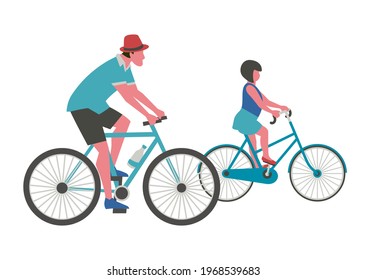 Dad, Daughter ride bicycle flat color vector. Father, baby kid cute cartoon design element. Family active sport leisure activity. Parent, child together summer adventure outdoor bicycling illustration