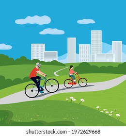 Dad and Daughter ride bicycles in city park vector. Father, baby kid cute cartoon illustration. Family active sport leisure activity. Parent, child together summer outdoor bicycling background