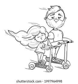 Dad and daughter ride scooters, electric transport, modern entertainment, the best dad in the world. Vector illustration for design or textile print