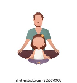 Dad and daughter are sitting and doing yoga. Isolated. Cartoon style. Vector illustration