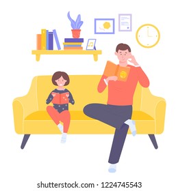 Dad and daughter are sitting on the couch. Read books together. Family evening, bedtime stories. The interior of the room. Bright vector illustration.